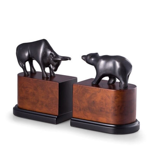 Wall Street Bookends On Burlwood Bases Statues Stock Market battle